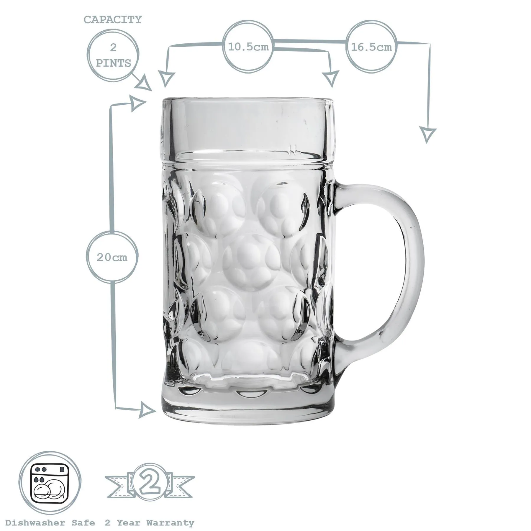 2 Pints Giant Glass German Beer Stein - By Rink Drink