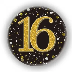 7.5cm Sparkling Fizz Black Gold Birthday Badge - 16th