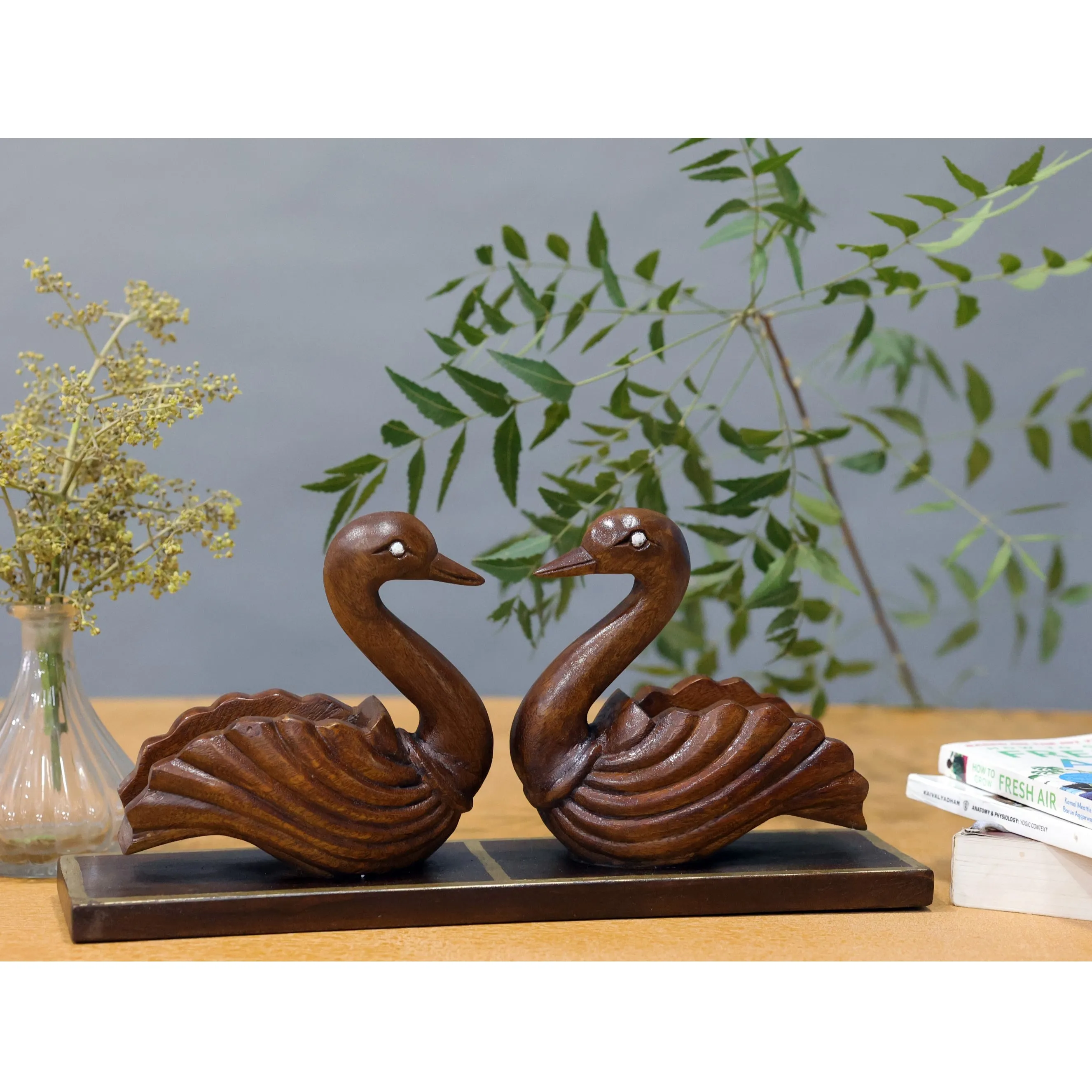 A Pair of Wooden Swans Showpiece