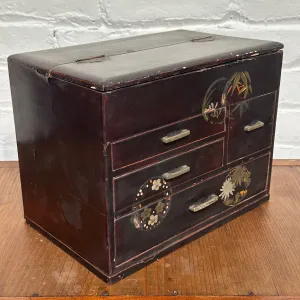 Antique Japanese Taisho Era c1920's Kiri Wood Haribako Sewing Tansu Flowers 11.5"