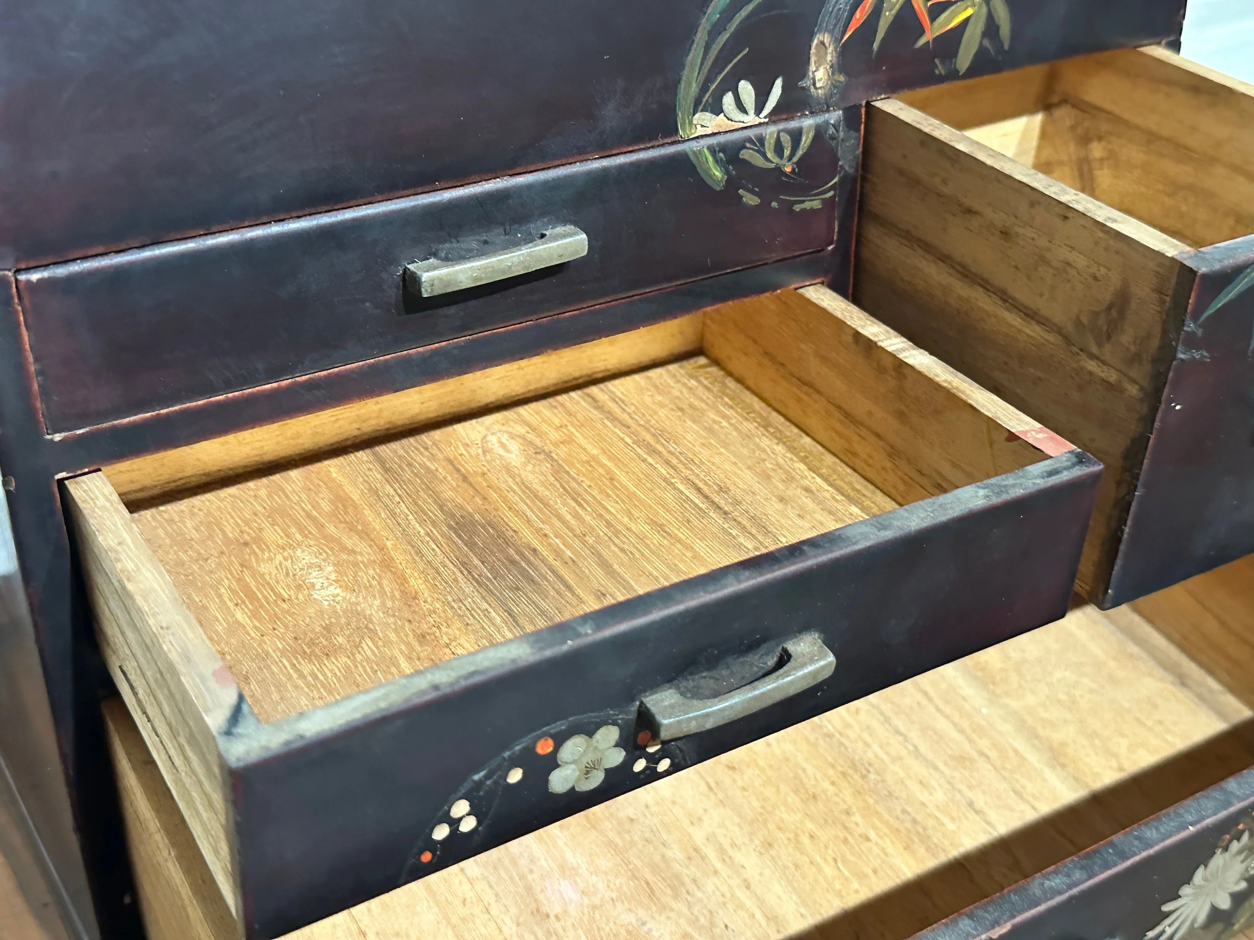 Antique Japanese Taisho Era c1920's Kiri Wood Haribako Sewing Tansu Flowers 11.5"