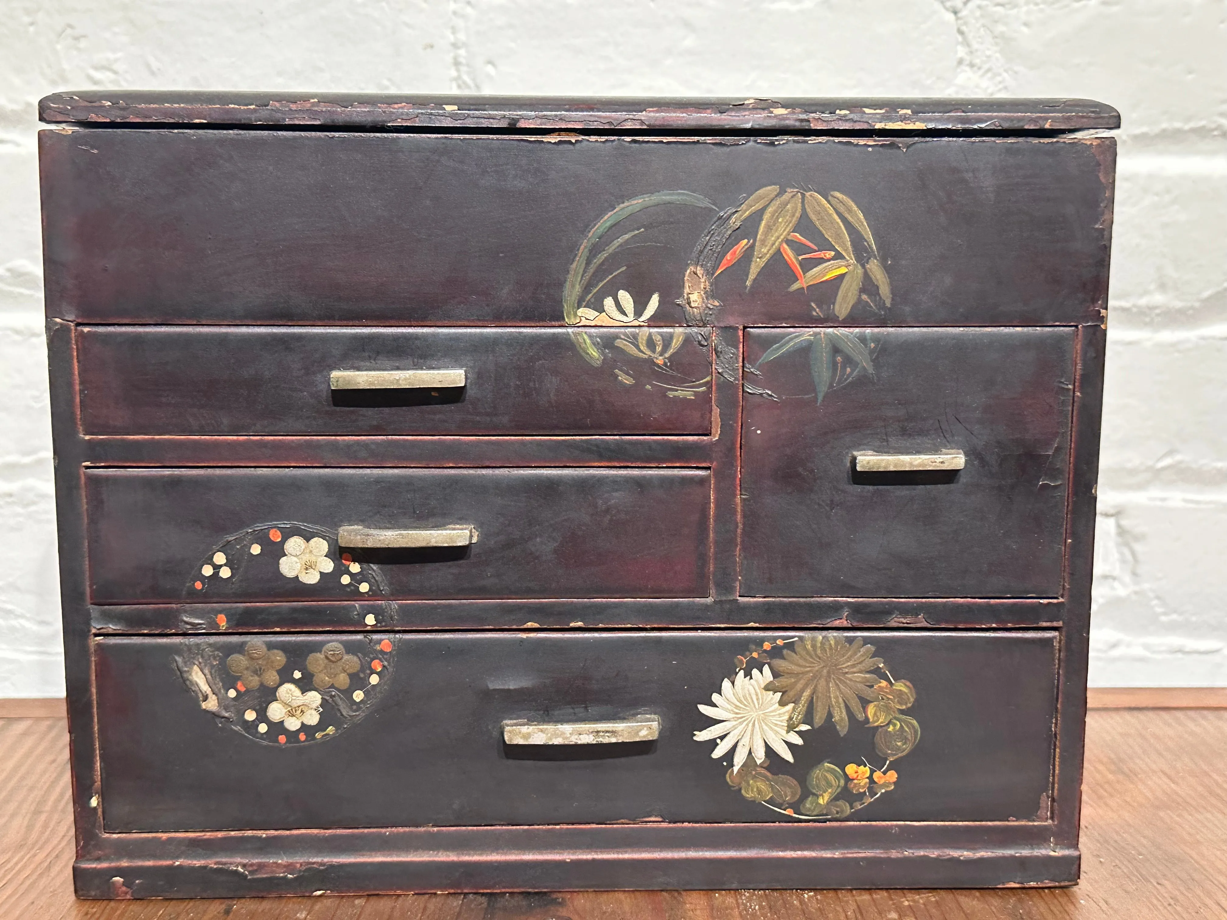 Antique Japanese Taisho Era c1920's Kiri Wood Haribako Sewing Tansu Flowers 11.5"