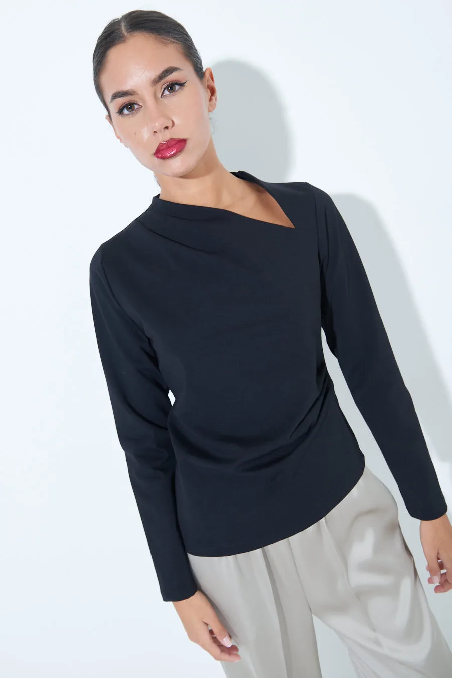 Asymmetrical neck long sleeve top wholesale