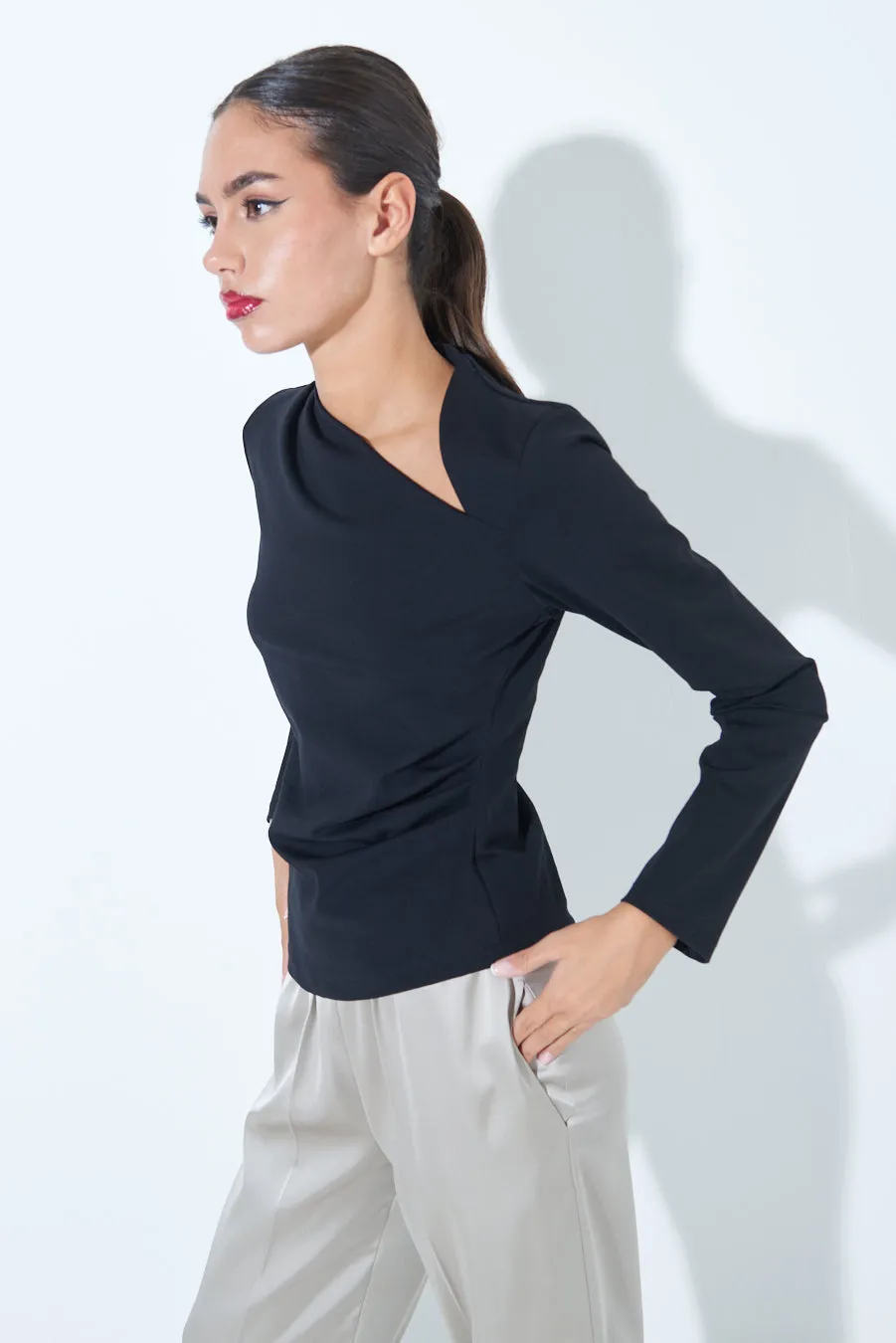 Asymmetrical neck long sleeve top wholesale