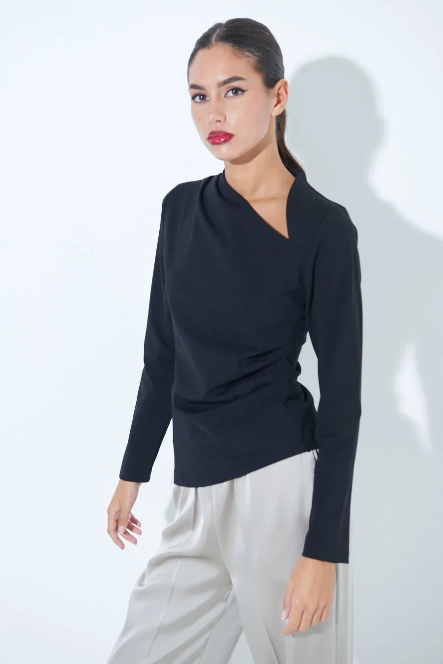Asymmetrical neck long sleeve top wholesale