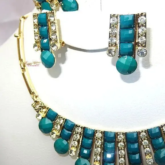 Beautiful Gold Plated Turquiose Green Wedding Party Necklace Earring Jewelry Set