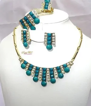 Beautiful Gold Plated Turquiose Green Wedding Party Necklace Earring Jewelry Set