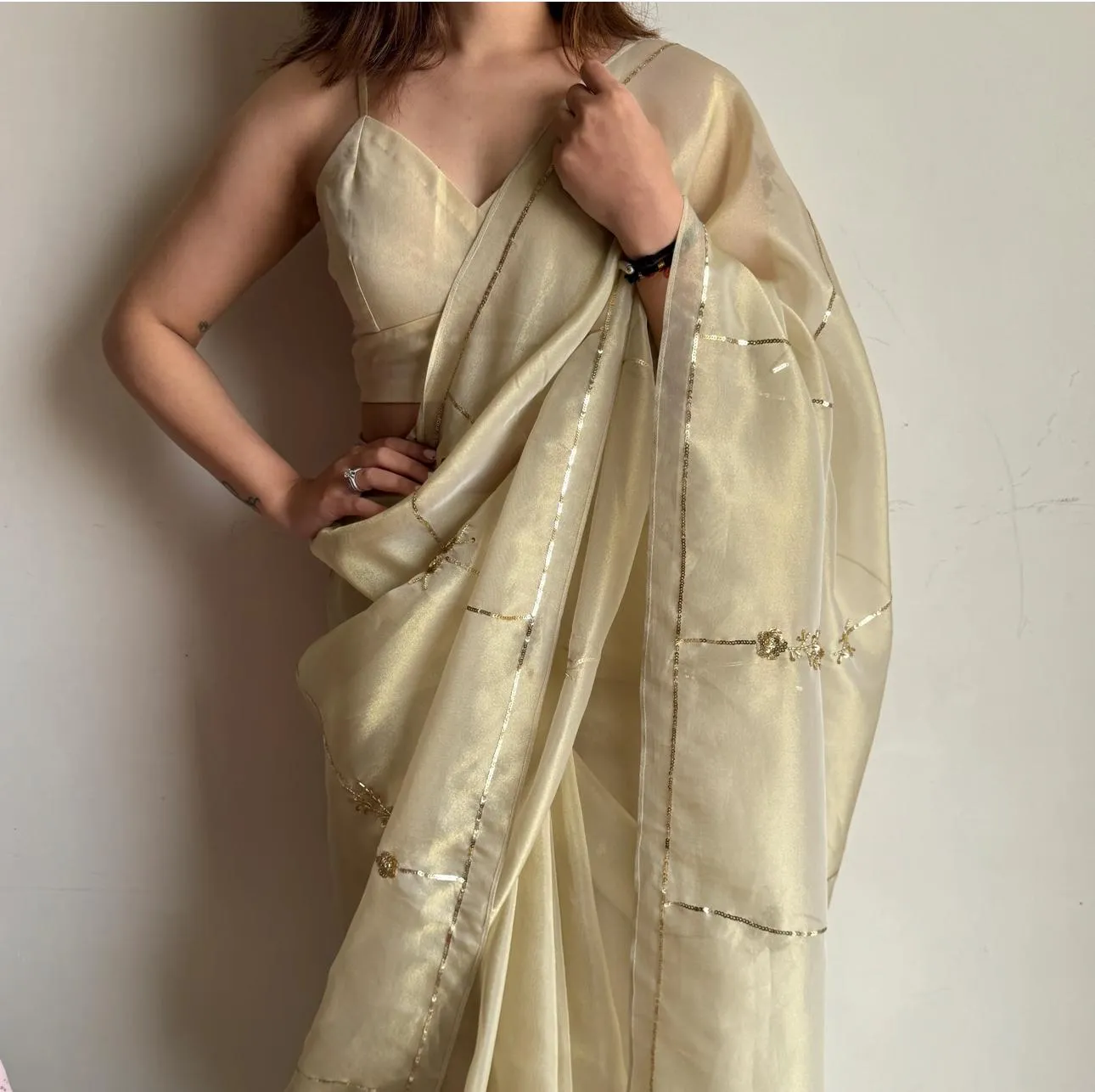 Beige Color Tissue Jimmy Choo Saree with Exquisite Handwork – Complete with Running Blouse
