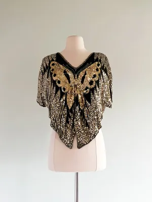 Black & Gold Butterfly Sequin GLAM Party Top / Sz M/L