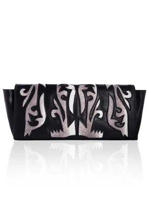 BLACK LEATHER CLUTCH WITH NATURAL SNAKESKIN DETAIL