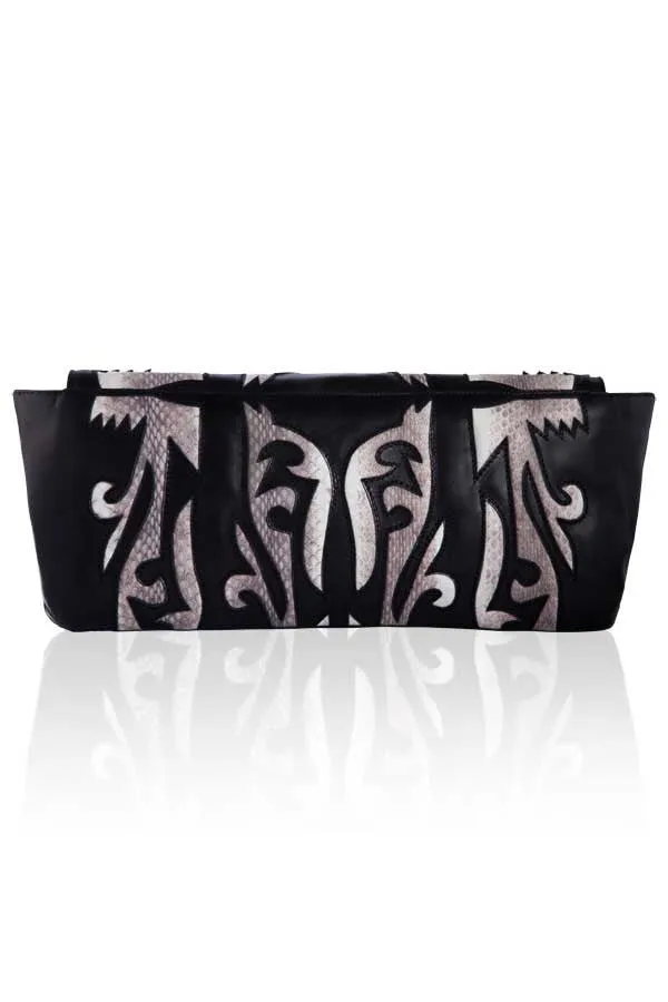 BLACK LEATHER CLUTCH WITH NATURAL SNAKESKIN DETAIL