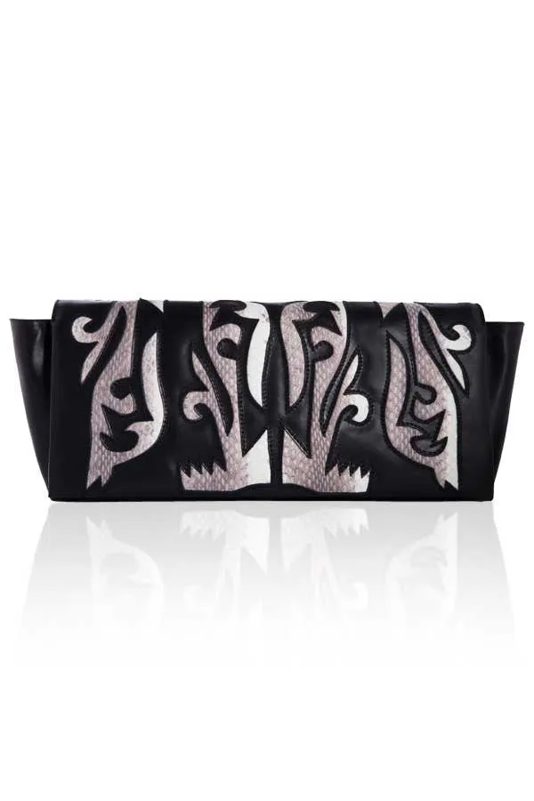 BLACK LEATHER CLUTCH WITH NATURAL SNAKESKIN DETAIL