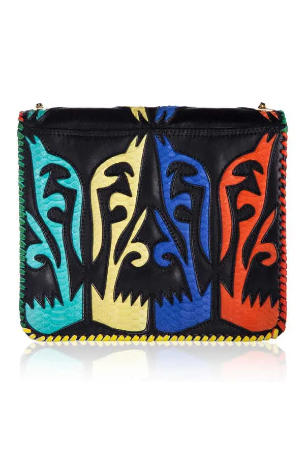BLACK LEATHER SATCHEL WITH BRIGHT MATTE SNAKESKIN DETAIL