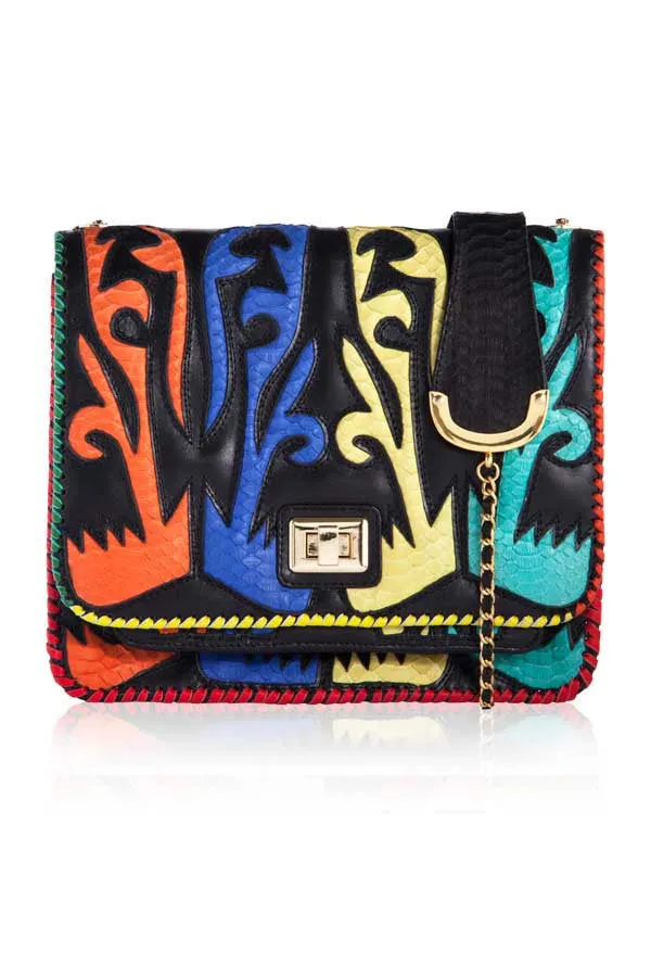 BLACK LEATHER SATCHEL WITH BRIGHT MATTE SNAKESKIN DETAIL