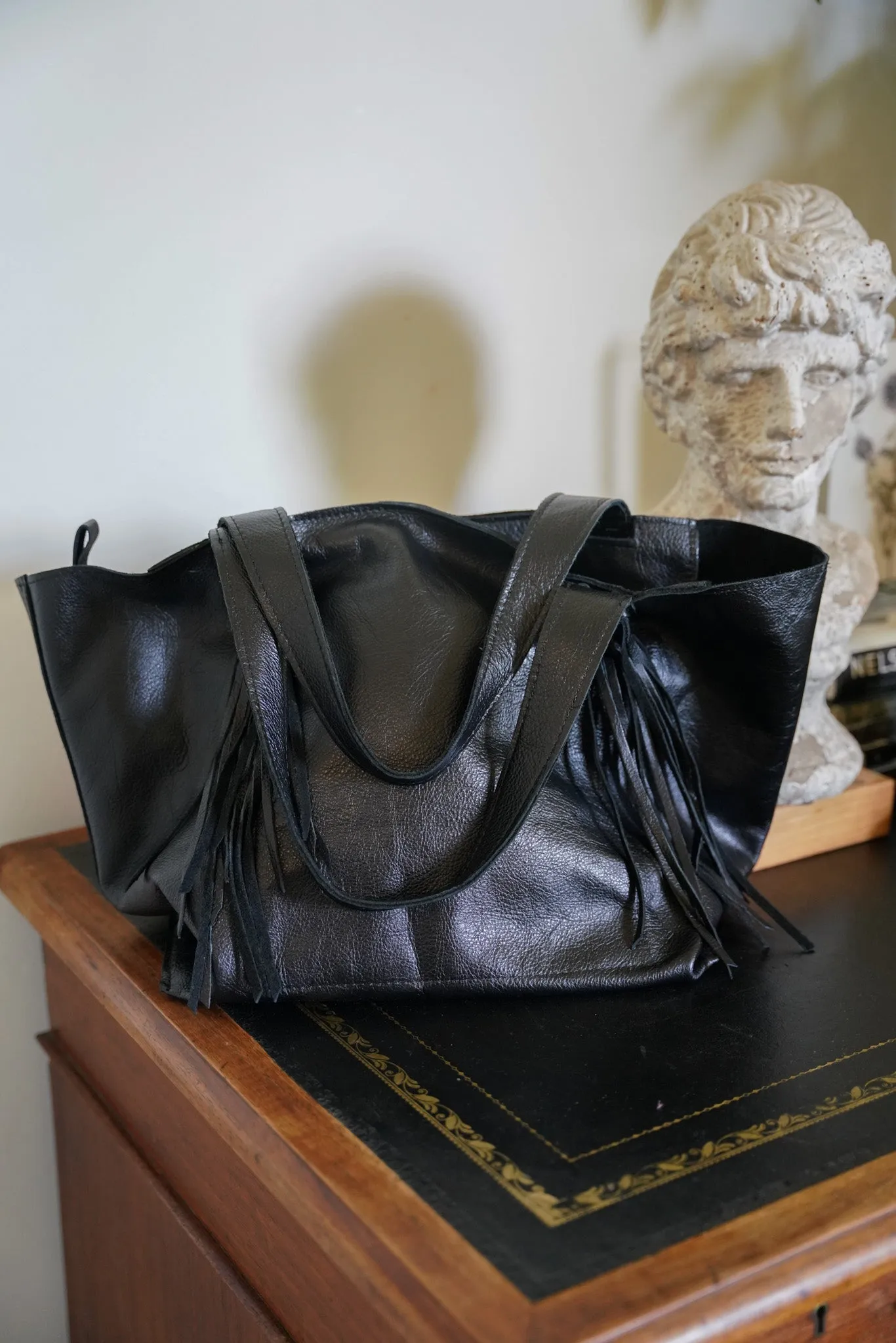 Black Leather Tassel Handbag
