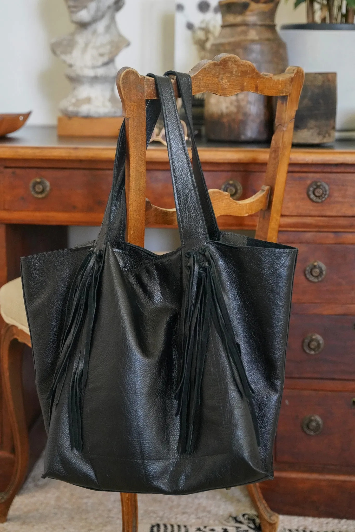 Black Leather Tassel Handbag