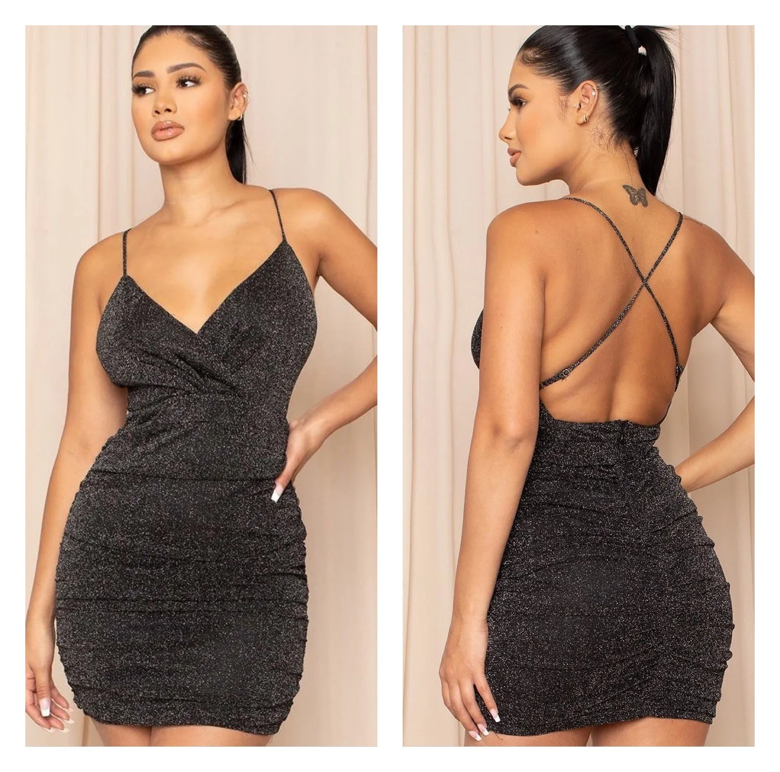 Black Spaghetti Glitter Mini Dress