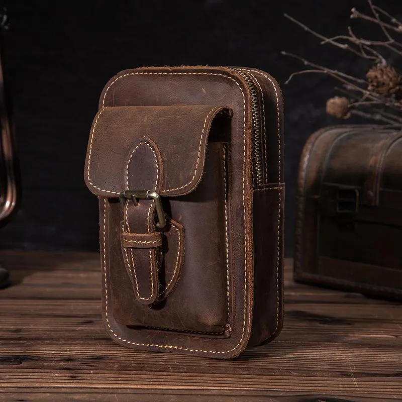 Brown LEATHER MEN'S Phone Holster Small Belt Pouch Mini Waist Bag Vertical Phone Holster FOR MEN