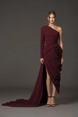 Burgundy asymmetrical dress in silk crêpe with exquisite draping