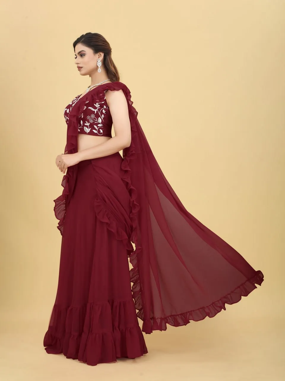 Charming Maroon Color Ruffle Style lehenga Saree