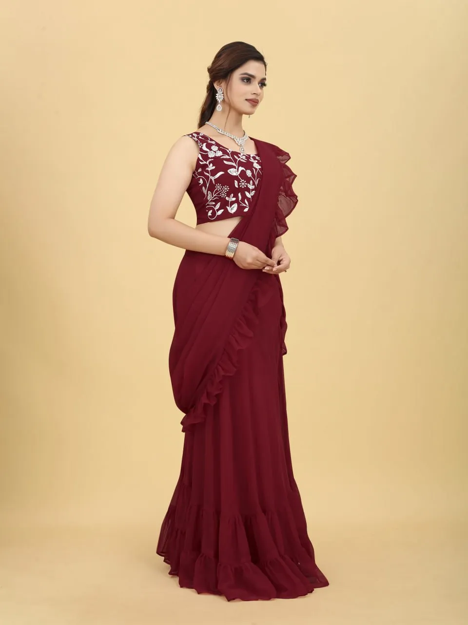 Charming Maroon Color Ruffle Style lehenga Saree