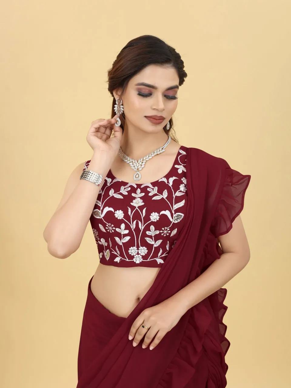 Charming Maroon Color Ruffle Style lehenga Saree