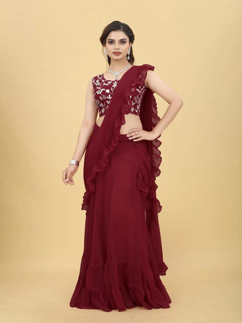 Charming Maroon Color Ruffle Style lehenga Saree