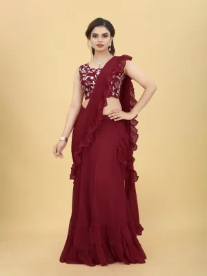Charming Maroon Color Ruffle Style lehenga Saree