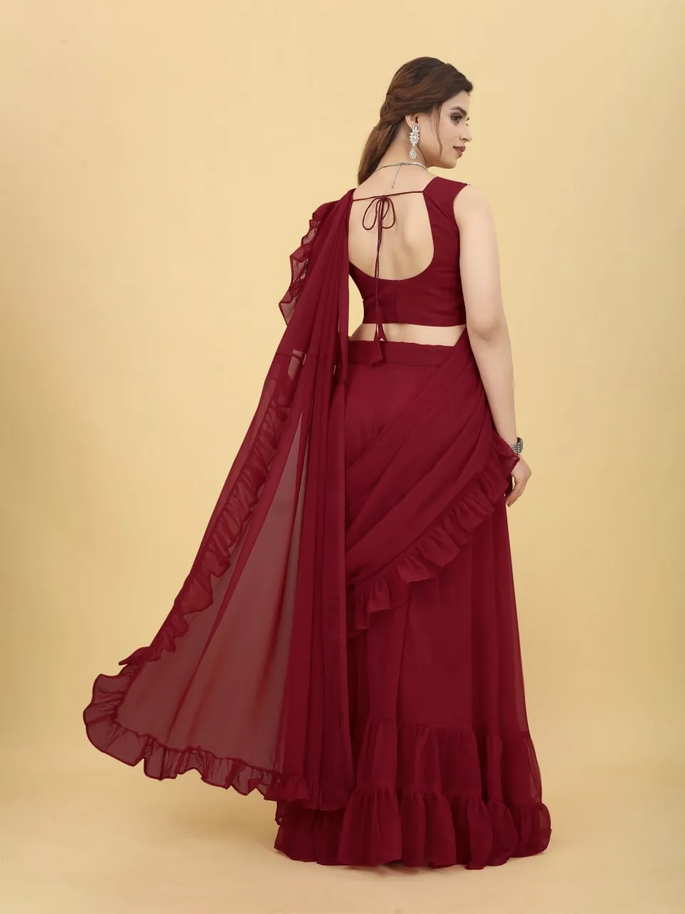 Charming Maroon Color Ruffle Style lehenga Saree