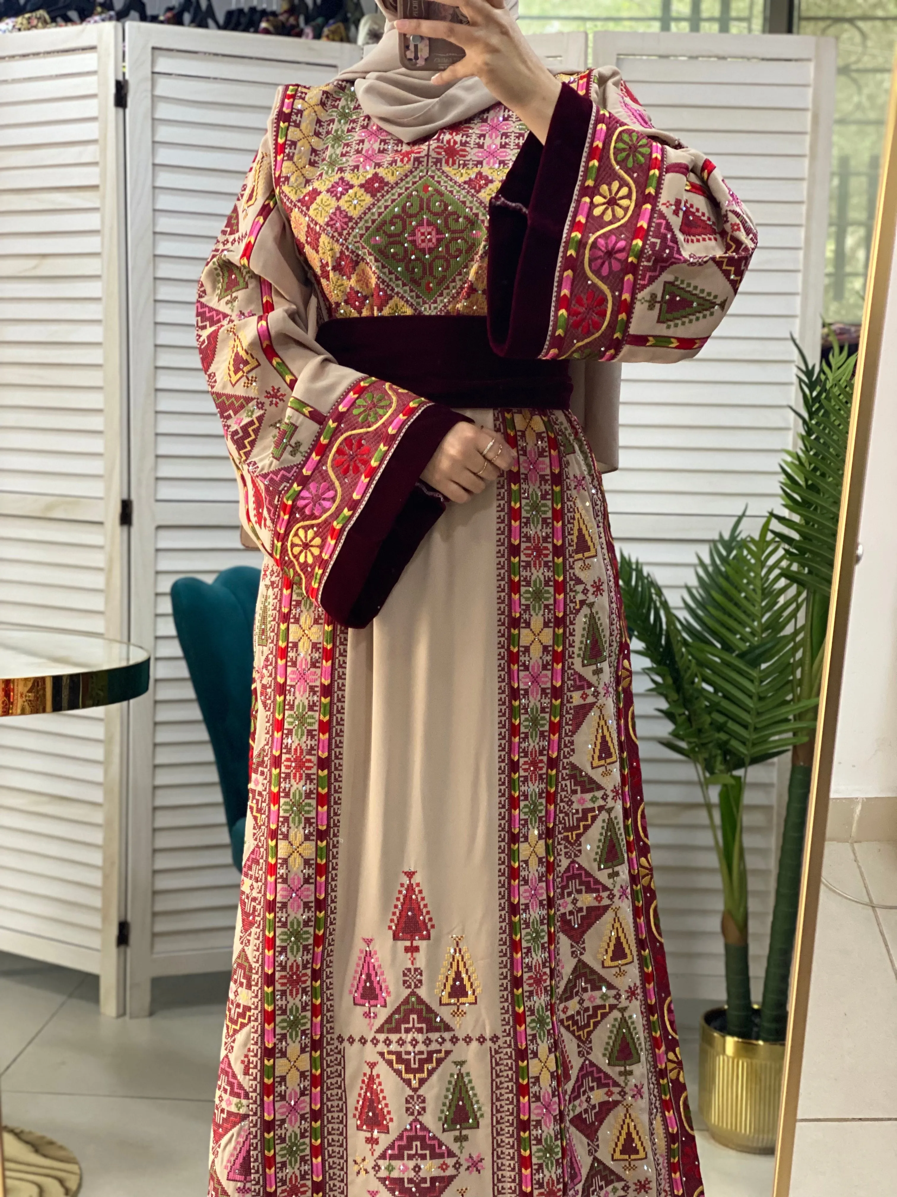 Charming Palestinian Embroidered Beige And Red Thobe Dress Palestinian Embroidery