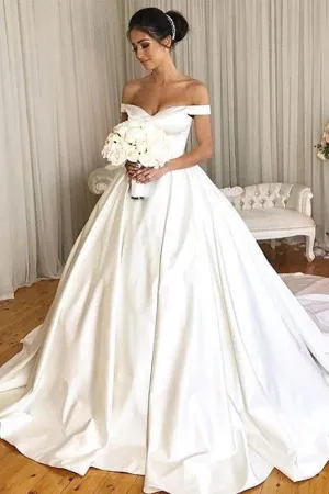 Charming Simple Style Satin Ball Gown Wedding Dress Modest Bridal Dress OKD98