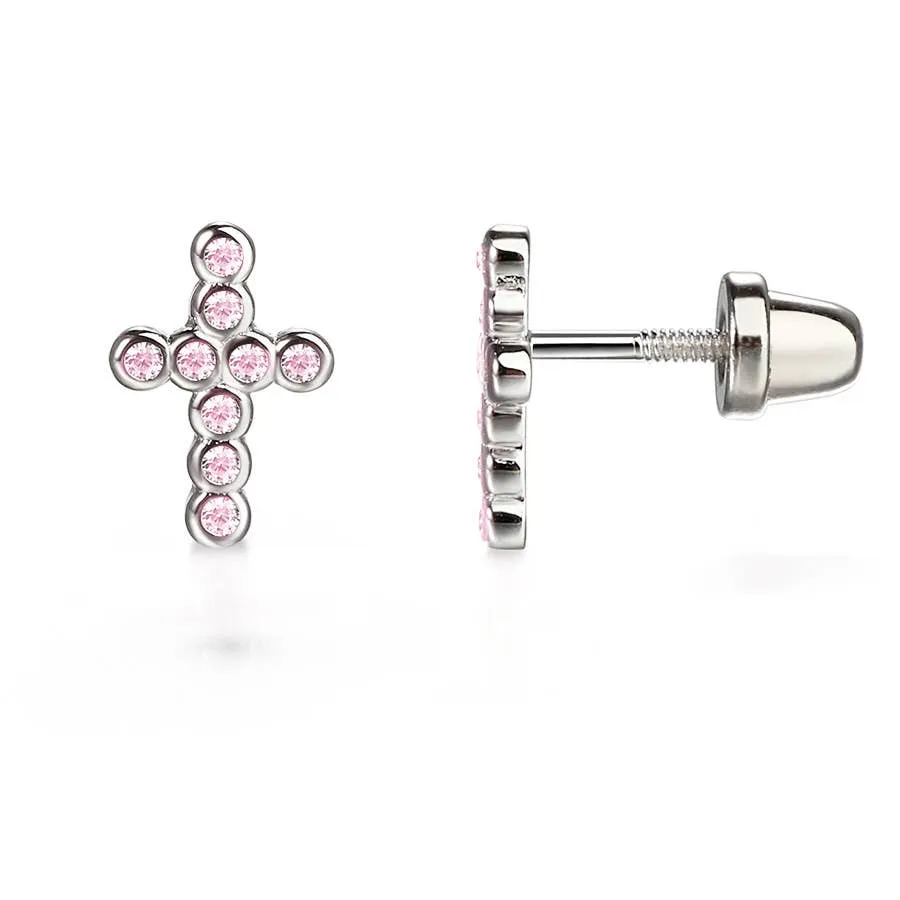 CHE Sterling Silver Pink CZ Cross Earrings
