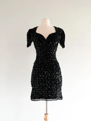 Chic 1980's Black Sequin Party Dress with Peek-a-Boo Back / Sz SM