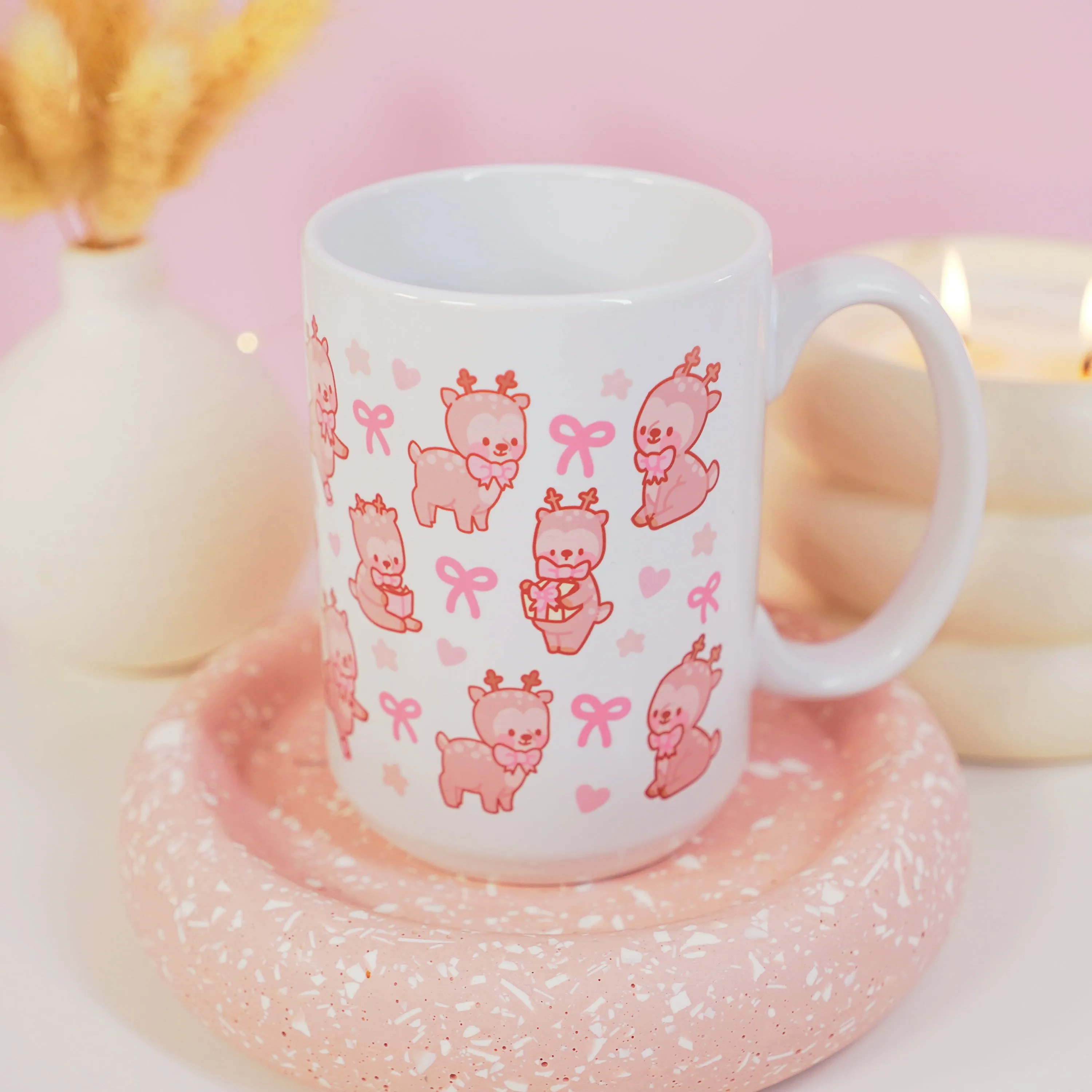 Cinnamon the Reindeer Mug | Pink Coquette Bow Bookish Cup | Cosy Reading & Pastel Aesthetic Drinkware