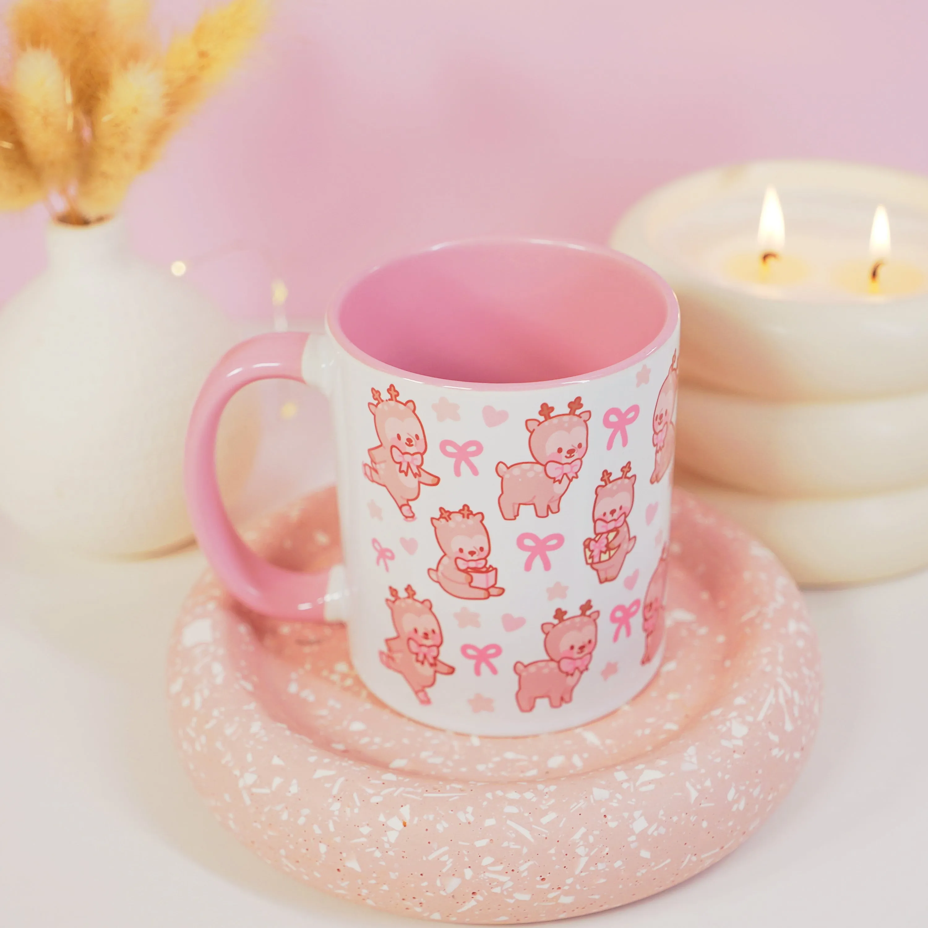 Cinnamon the Reindeer Mug | Pink Coquette Bow Bookish Cup | Cosy Reading & Pastel Aesthetic Drinkware