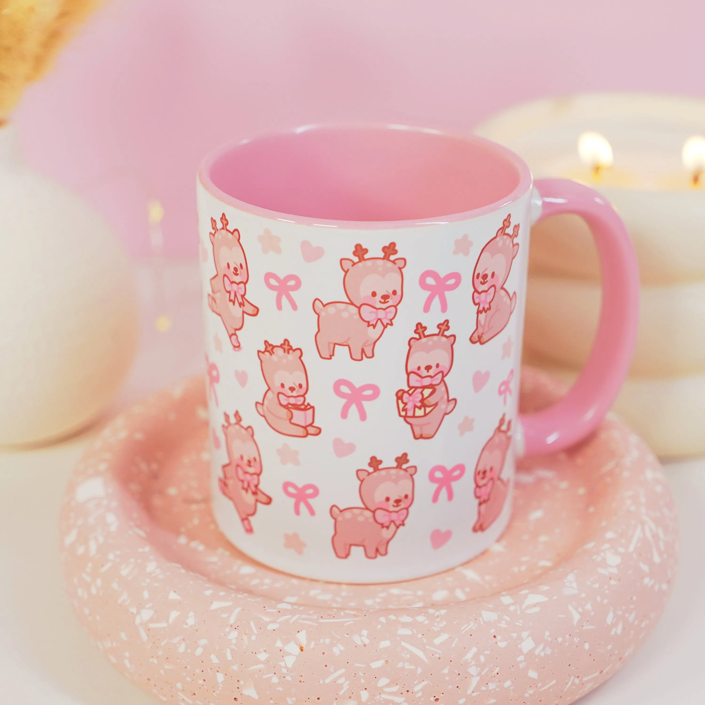 Cinnamon the Reindeer Mug | Pink Coquette Bow Bookish Cup | Cosy Reading & Pastel Aesthetic Drinkware