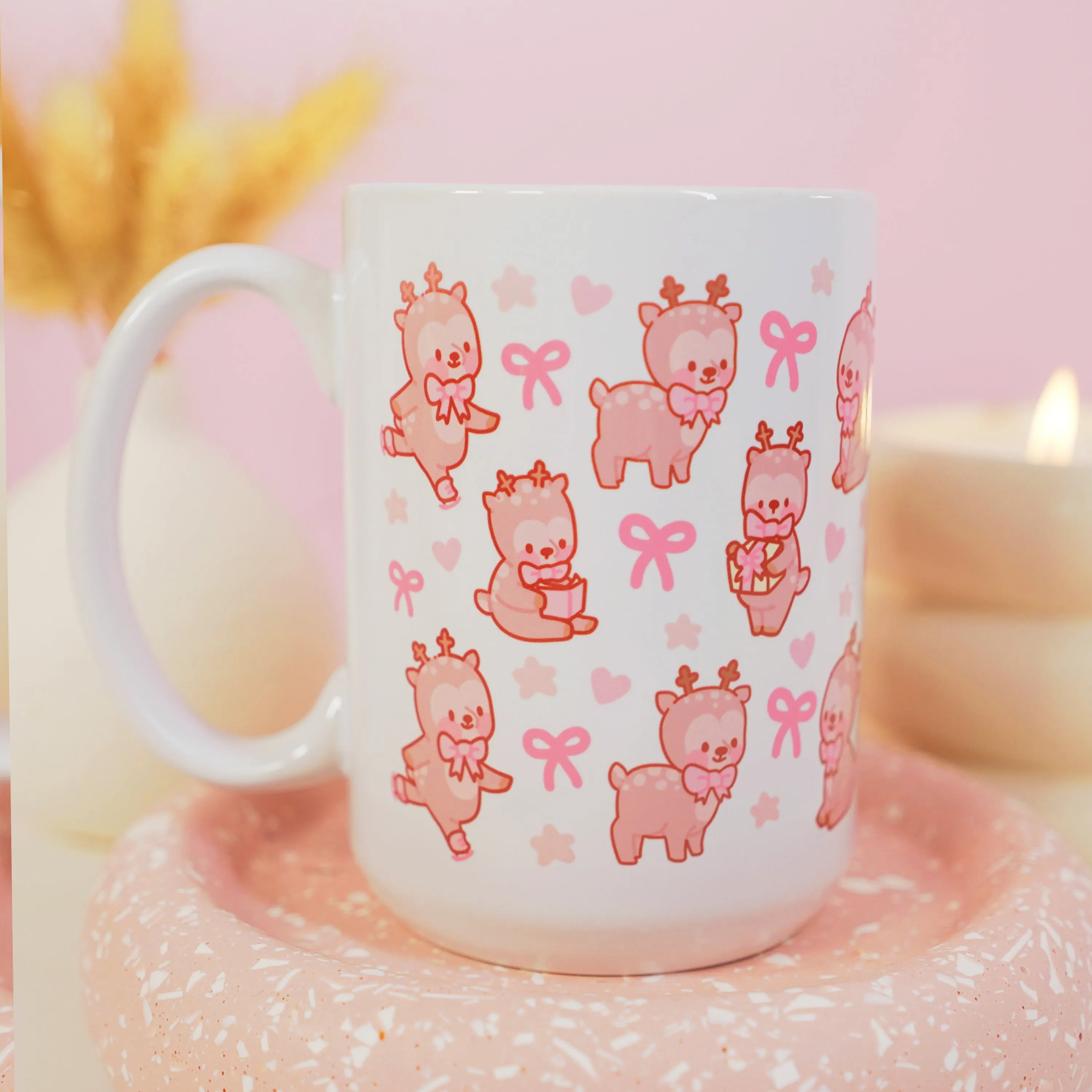 Cinnamon the Reindeer Mug | Pink Coquette Bow Bookish Cup | Cosy Reading & Pastel Aesthetic Drinkware