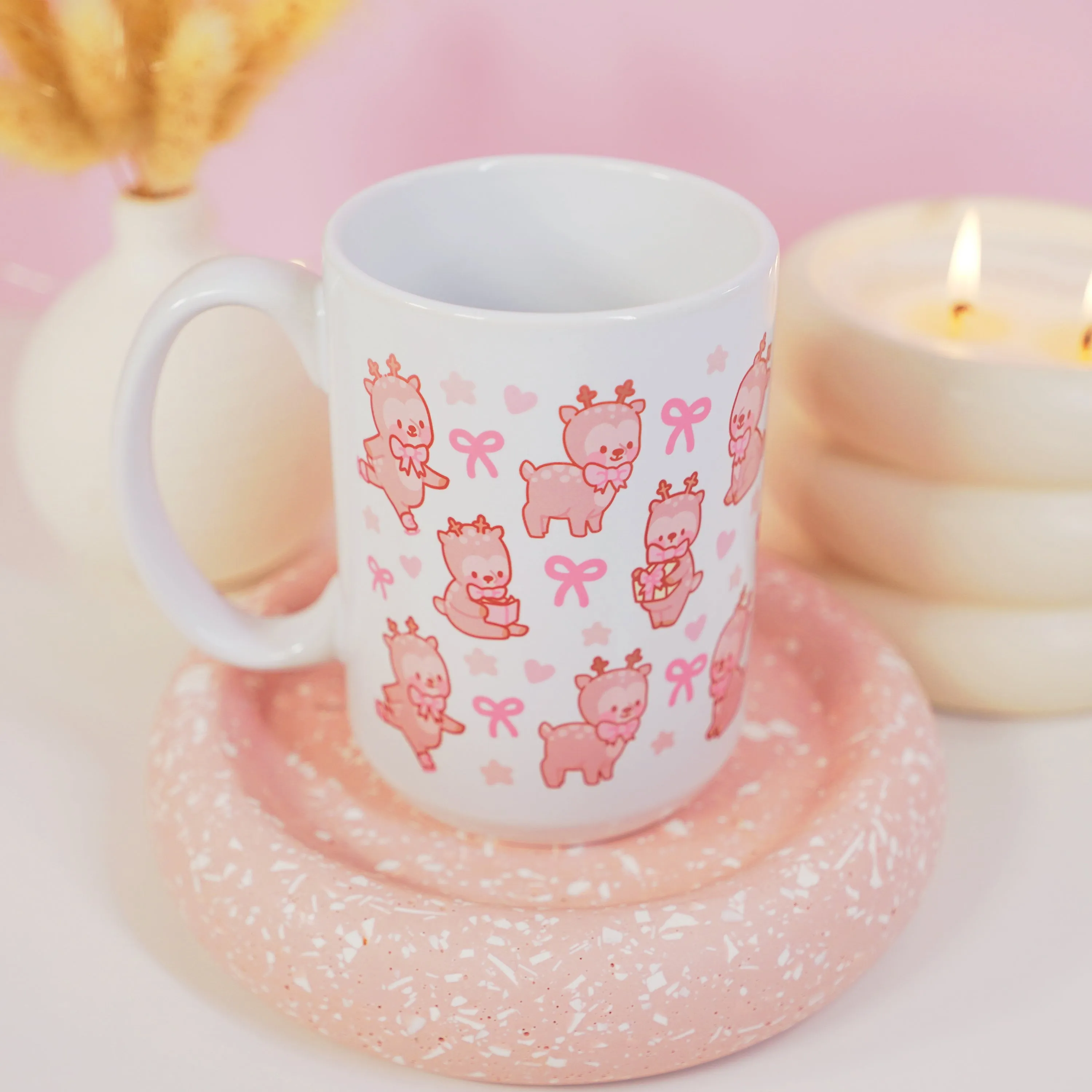 Cinnamon the Reindeer Mug | Pink Coquette Bow Bookish Cup | Cosy Reading & Pastel Aesthetic Drinkware