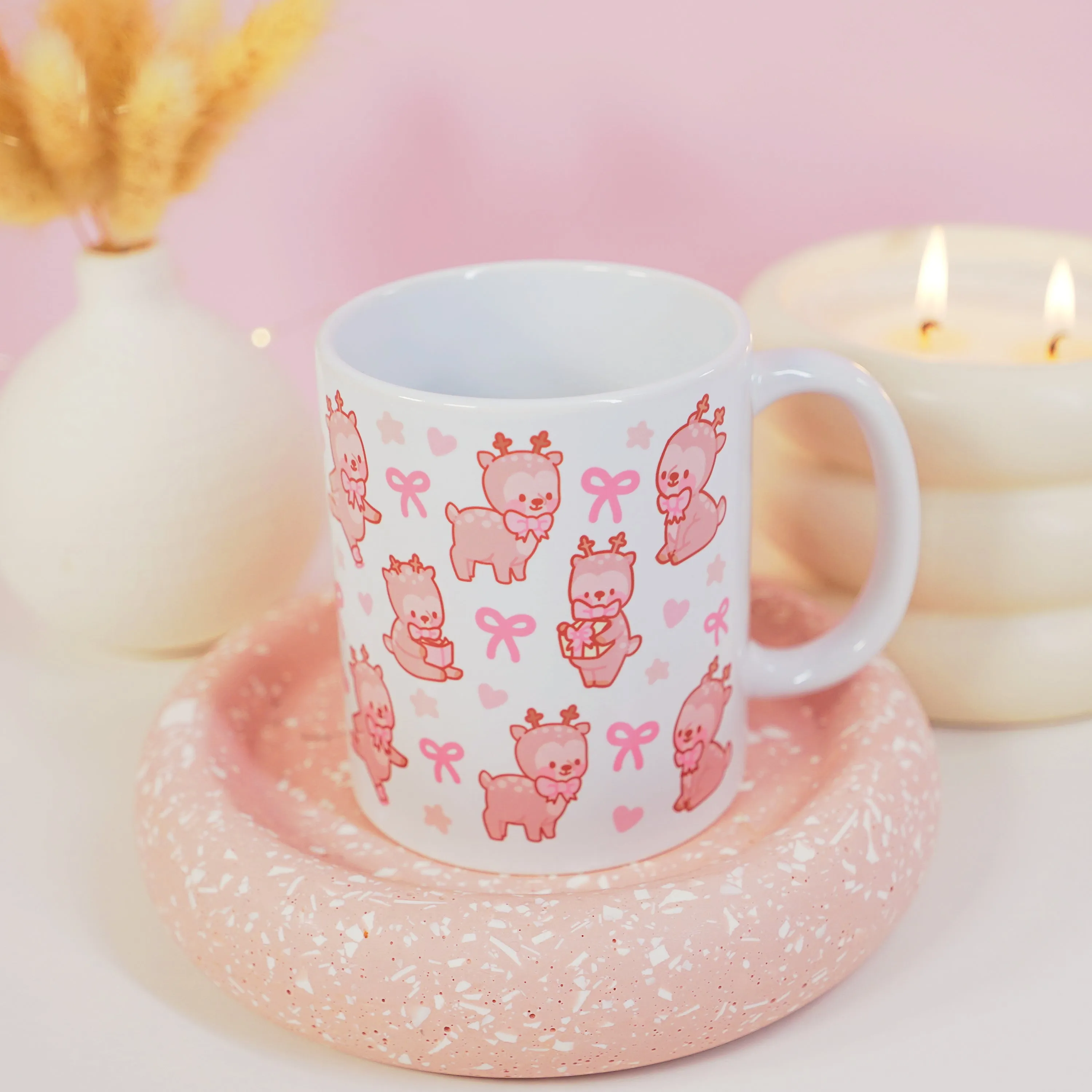 Cinnamon the Reindeer Mug | Pink Coquette Bow Bookish Cup | Cosy Reading & Pastel Aesthetic Drinkware
