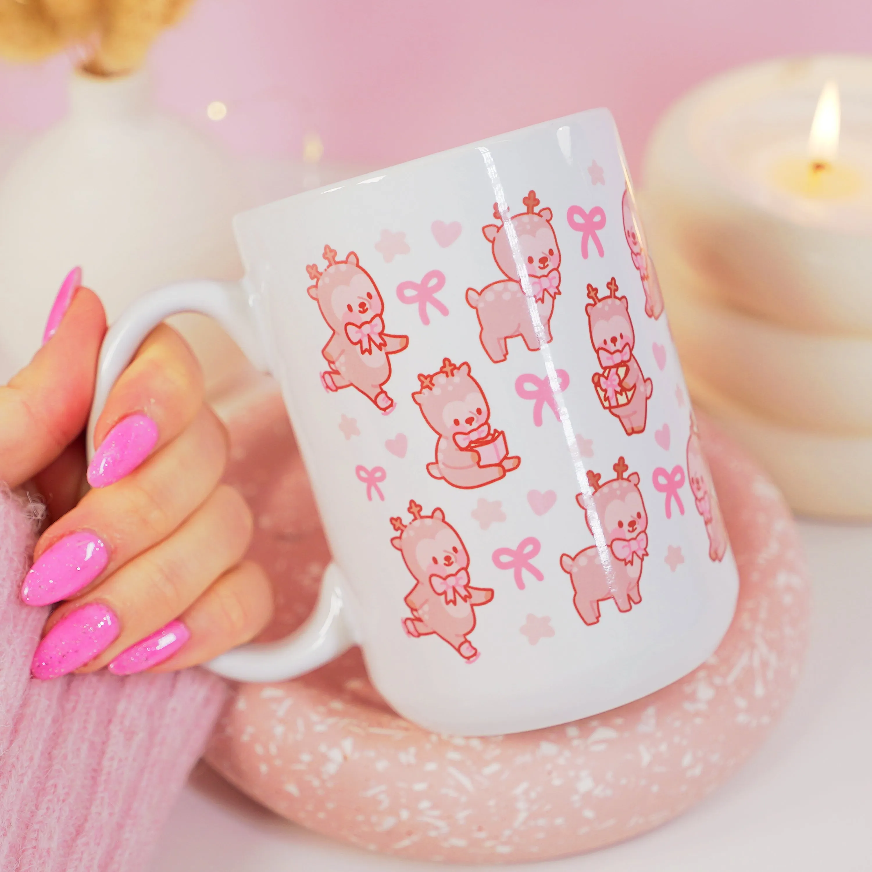 Cinnamon the Reindeer Mug | Pink Coquette Bow Bookish Cup | Cosy Reading & Pastel Aesthetic Drinkware