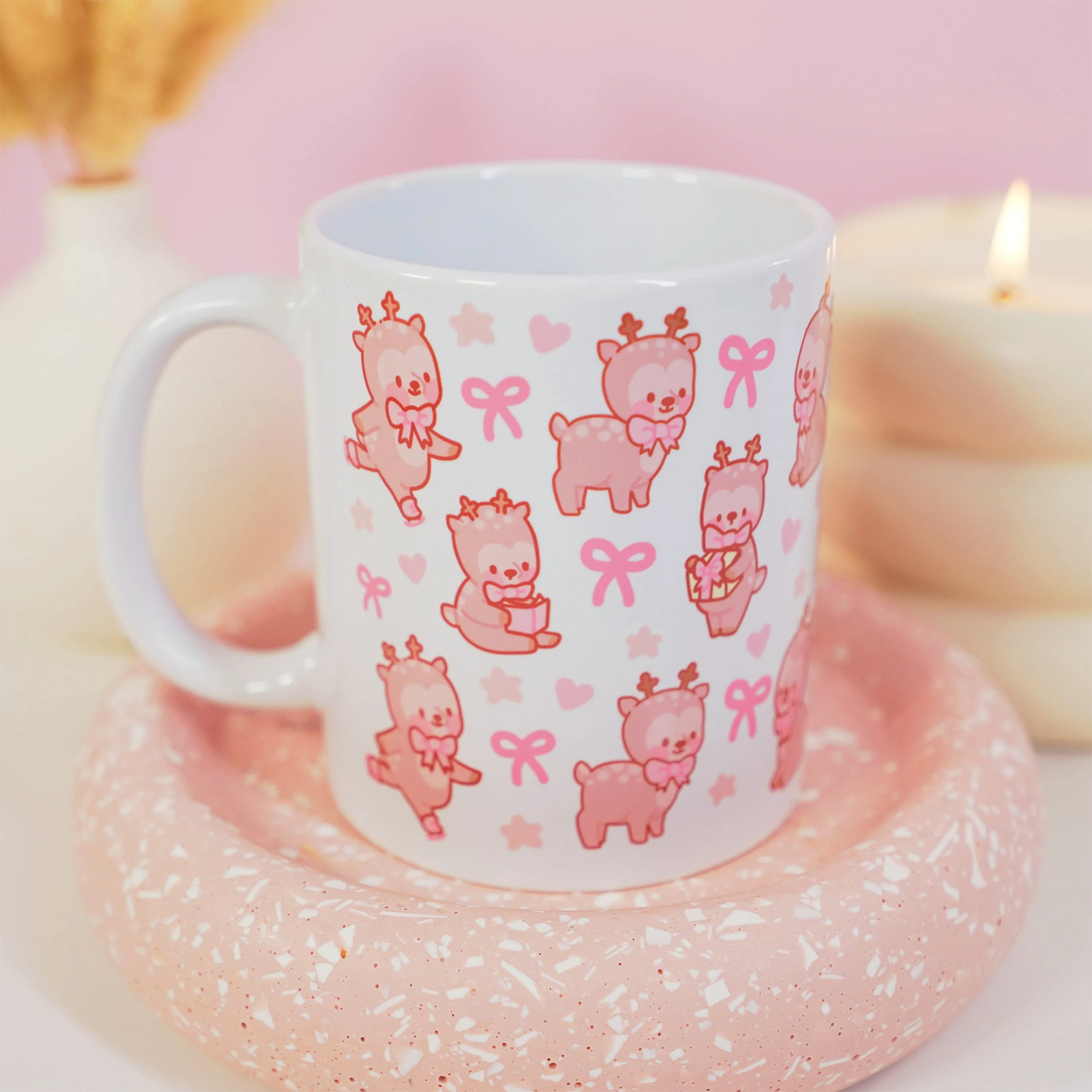 Cinnamon the Reindeer Mug | Pink Coquette Bow Bookish Cup | Cosy Reading & Pastel Aesthetic Drinkware