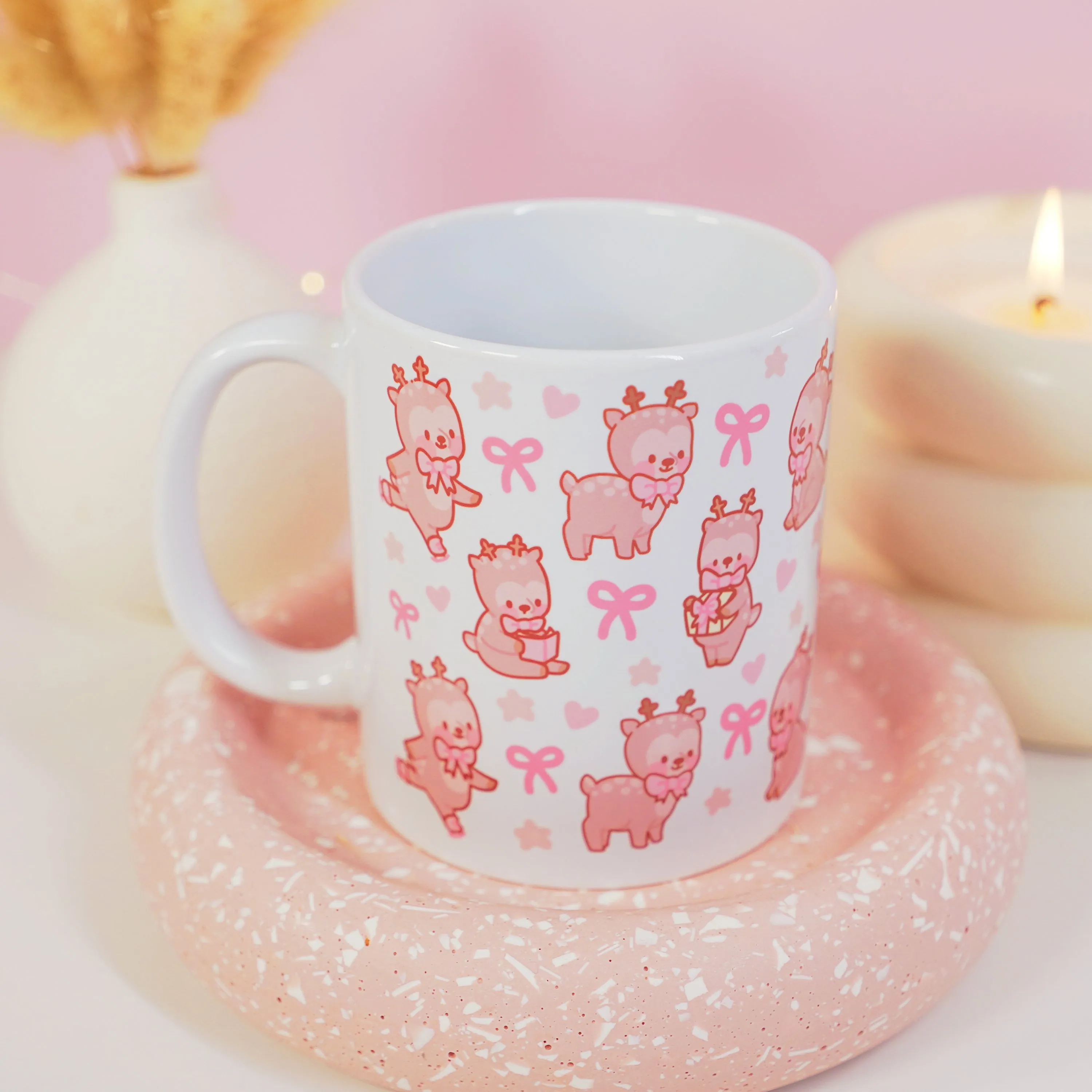 Cinnamon the Reindeer Mug | Pink Coquette Bow Bookish Cup | Cosy Reading & Pastel Aesthetic Drinkware