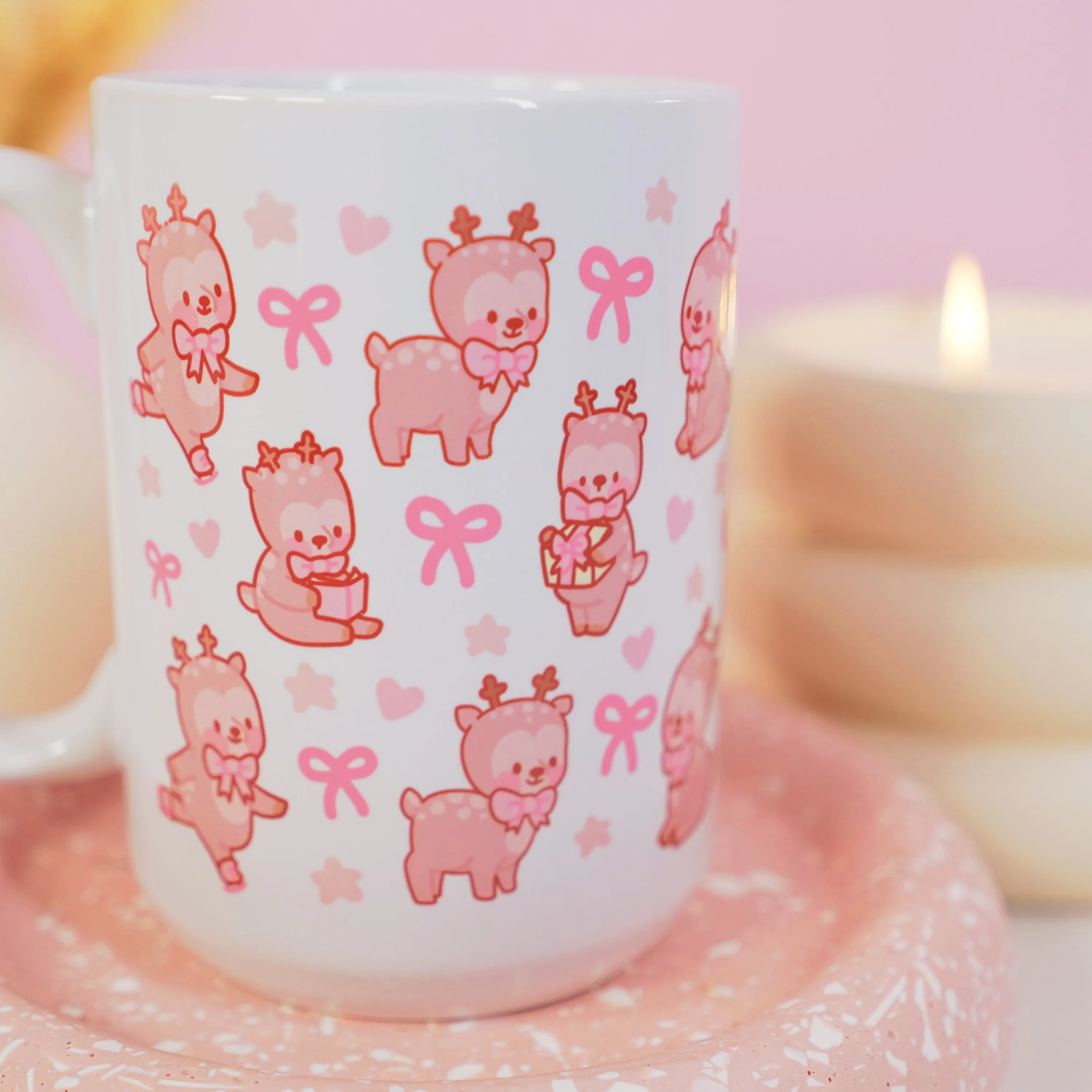 Cinnamon the Reindeer Mug | Pink Coquette Bow Bookish Cup | Cosy Reading & Pastel Aesthetic Drinkware