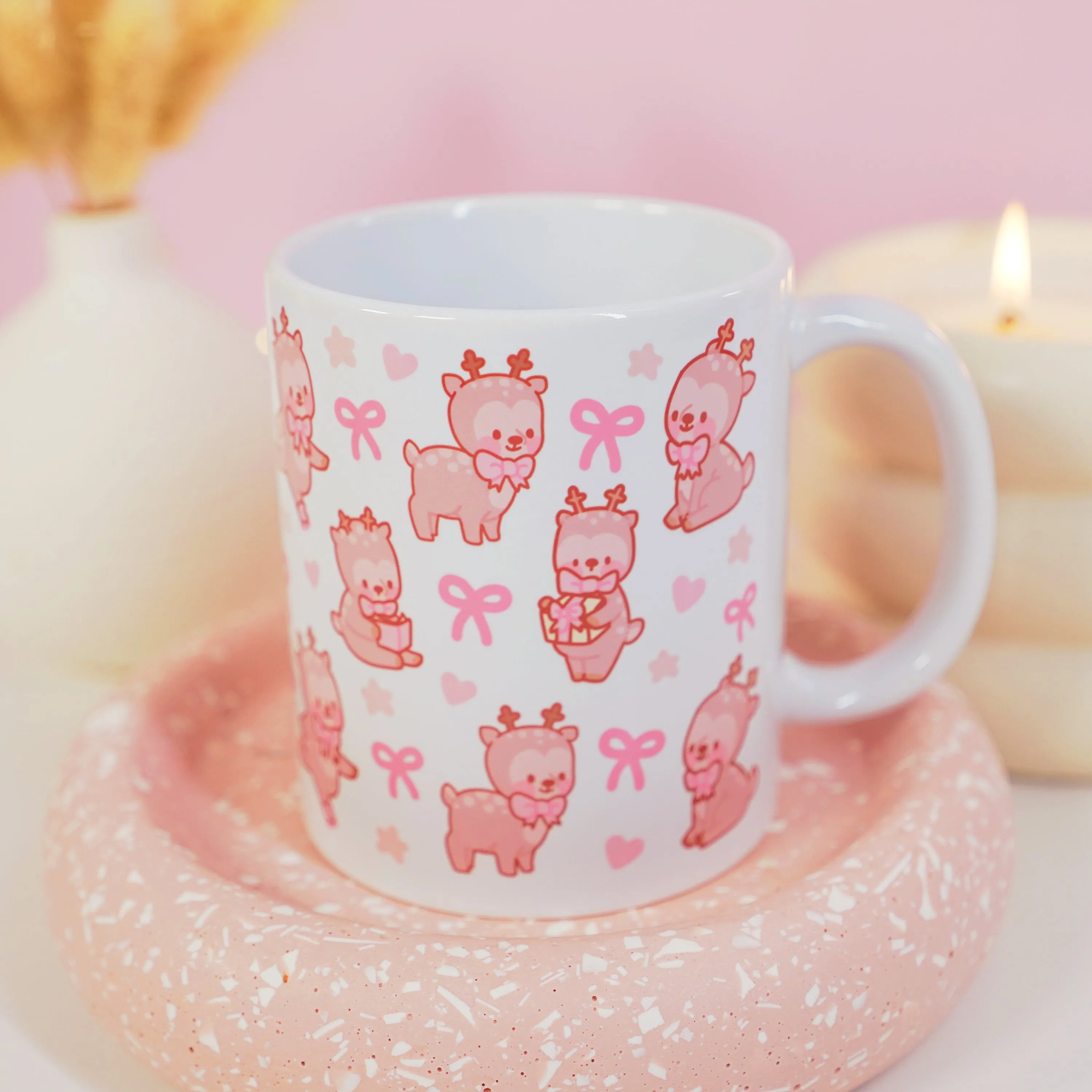 Cinnamon the Reindeer Mug | Pink Coquette Bow Bookish Cup | Cosy Reading & Pastel Aesthetic Drinkware