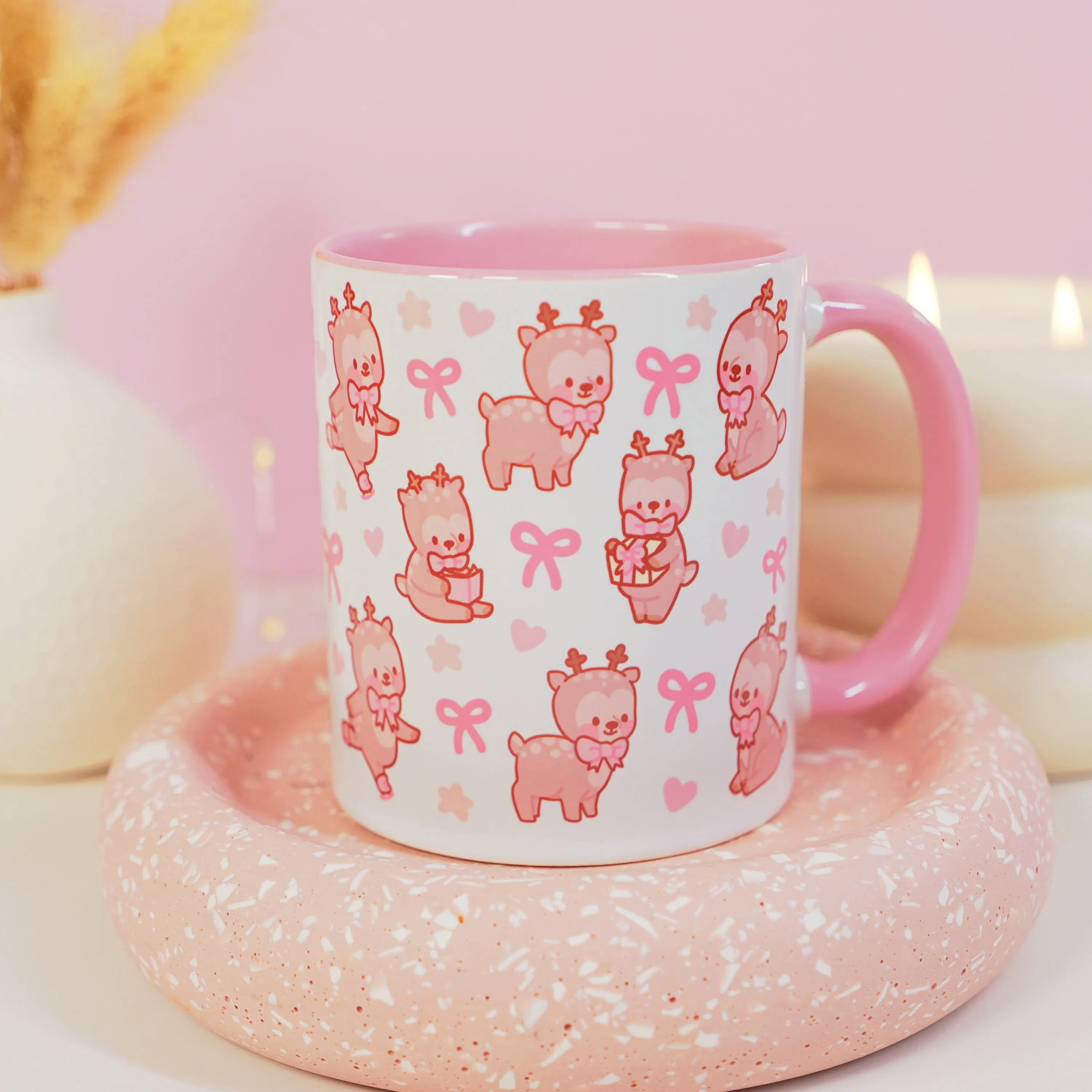 Cinnamon the Reindeer Mug | Pink Coquette Bow Bookish Cup | Cosy Reading & Pastel Aesthetic Drinkware