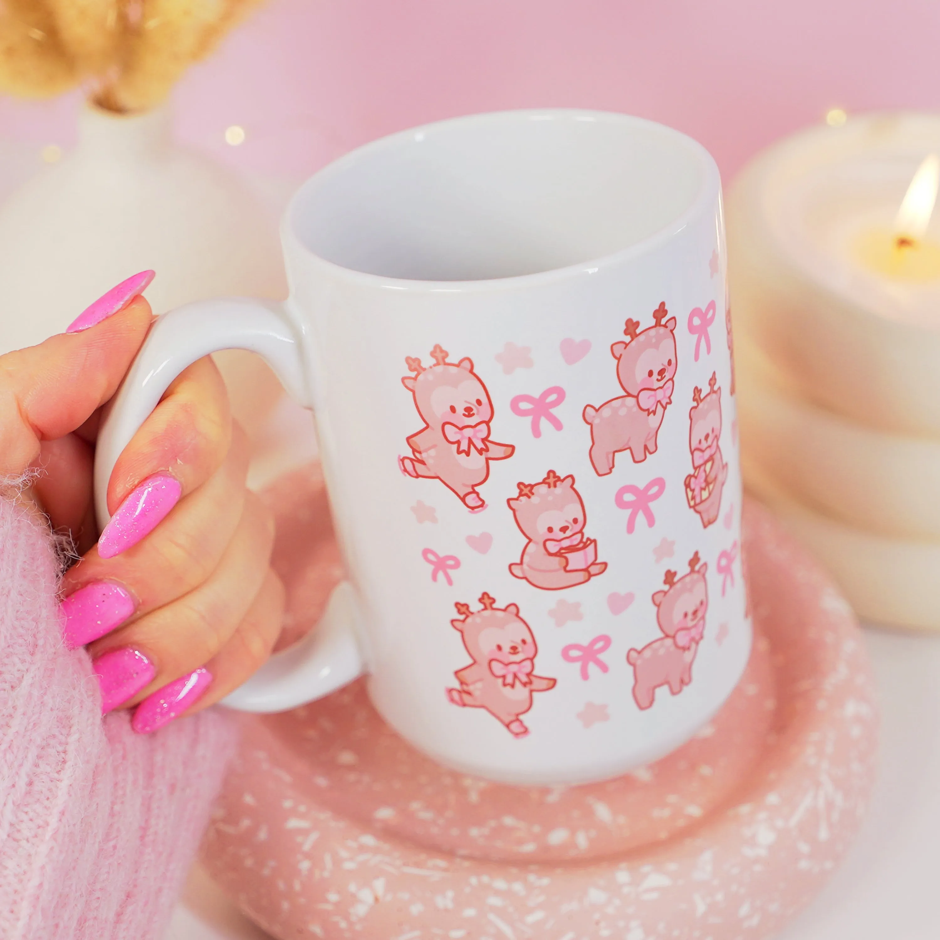 Cinnamon the Reindeer Mug | Pink Coquette Bow Bookish Cup | Cosy Reading & Pastel Aesthetic Drinkware