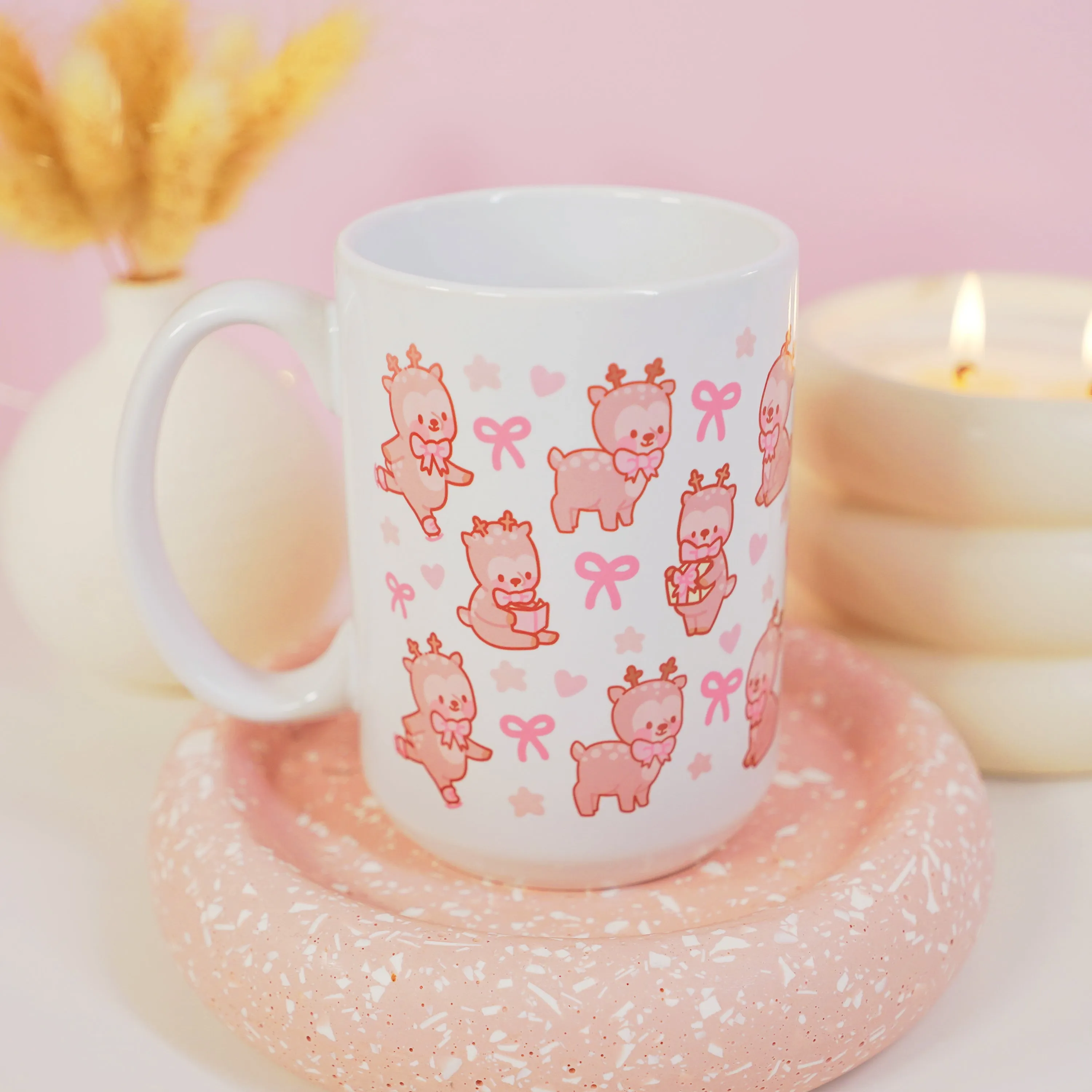 Cinnamon the Reindeer Mug | Pink Coquette Bow Bookish Cup | Cosy Reading & Pastel Aesthetic Drinkware