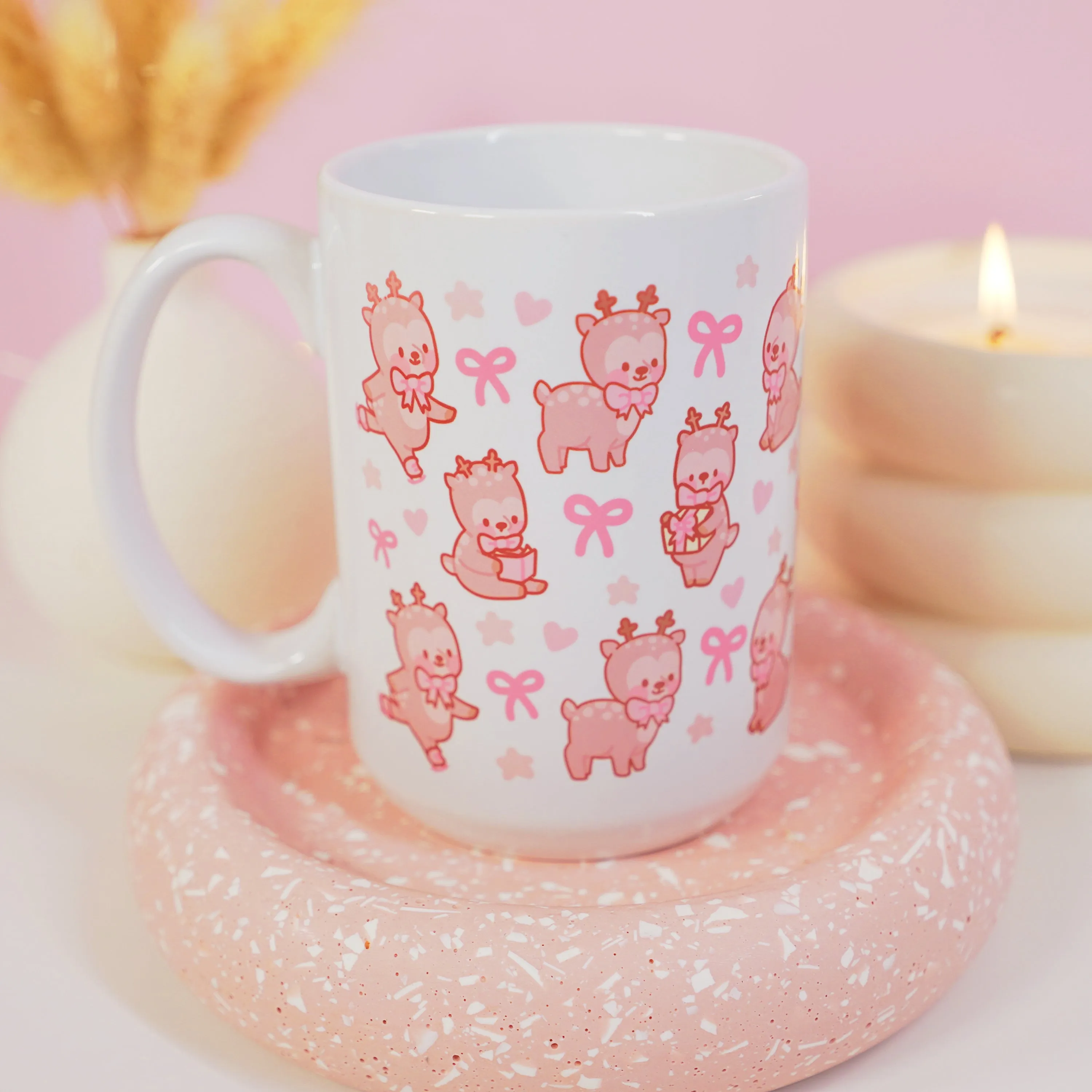 Cinnamon the Reindeer Mug | Pink Coquette Bow Bookish Cup | Cosy Reading & Pastel Aesthetic Drinkware