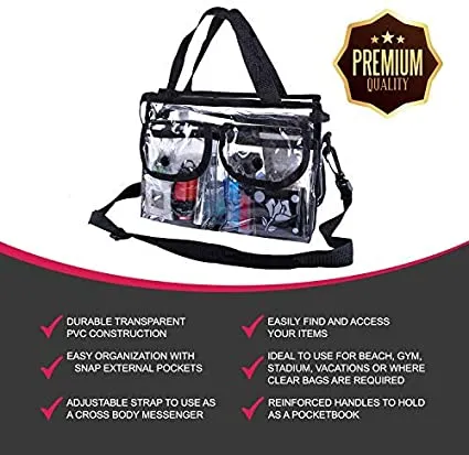 Clear Game Changer bag PVC Toiletry Bag 10 inch x 8 inch x 4 inch 4 External Pockets for Toiletries Adjustable Strap