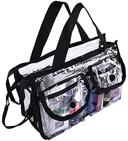 Clear Game Changer bag PVC Toiletry Bag 10 inch x 8 inch x 4 inch 4 External Pockets for Toiletries Adjustable Strap